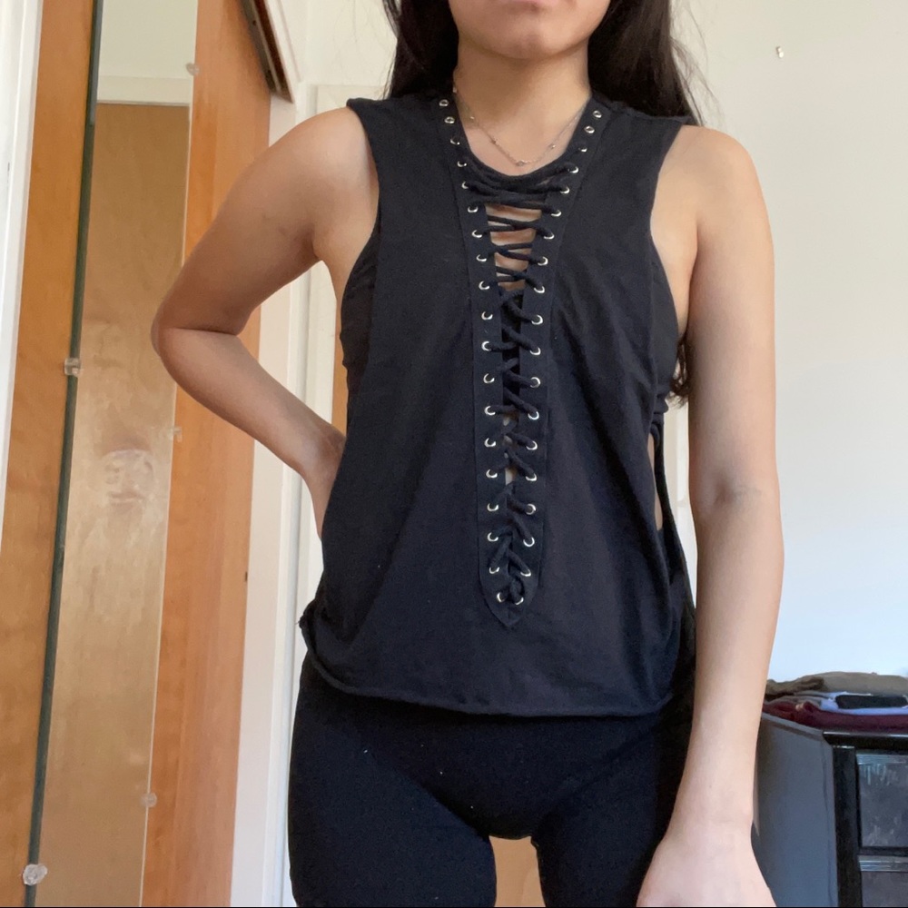 LF Emma and Sam Black Lace Up Muscle Tank